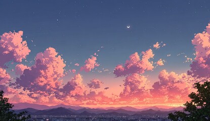 Pastel sunset over city, fluffy clouds