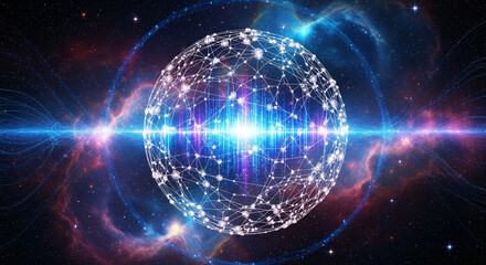 A cinematic visualization of a quantum computing nexus, a spherical hub of glowing wires and energy nodes interconnected like neurons.