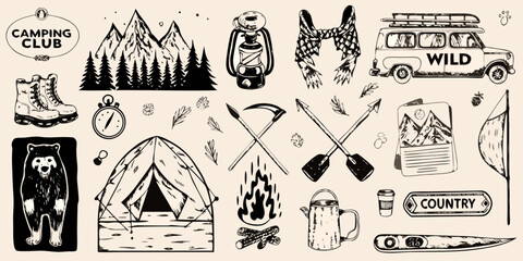 Collection of hand drawn camping and outdoor adventure illustrations in black and white