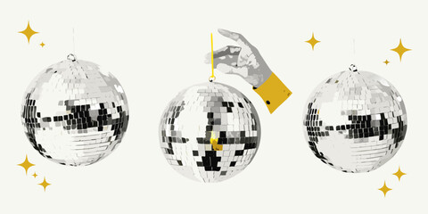 A hand holding a disco ball with two other disco balls and sparkling stars on a white background