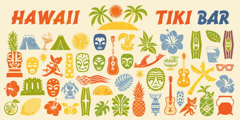Hawaii tiki bar tropical island paradise vacation elements collection © John Lee