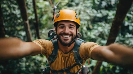 Smiling Man Ziplining Through Lush Rainforest Canopy