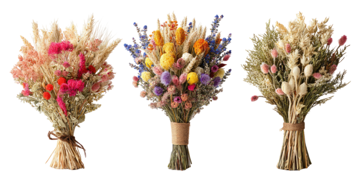 Three colorful dried flower bouquets