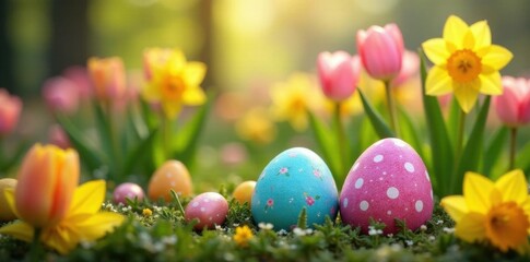Vibrant Easter eggs nestled amongst tulips and daffodils in a spring garden , easter basket, spring time, daffodils
