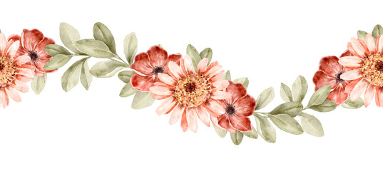 Seamless floral border sunflower, peach and burgundy flowers with green foliage and berries. Elegant hand painted watercolor design for autumn stationery, cards and fabric, part of Golden Hour set.