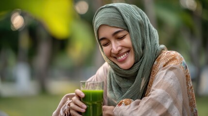 Smiling Woman in Green Hijab Enjoying Green Juice Outdoors