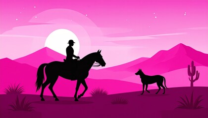 Naklejka premium Three camels in silhouette walk across a desert landscape at sunset, their caravan a lone line against the fiery sky