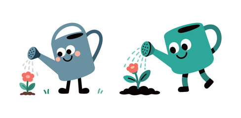 Two cute cartoon watering cans happily watering flowers, showing cheerful faces and legs.