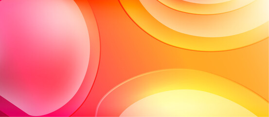 Abstract background features overlapping circles. Colors transition from pink, orange, yellow creating warm visual effect. Smooth gradients dominate composition.