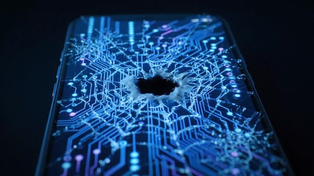 shattered smartphone screen blue circuitry