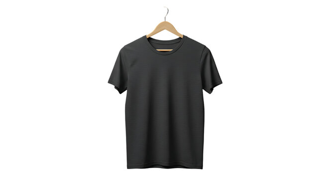 Plain dark charcoal grey v neck t shirt hanging on a wooden hanger against a solid black background
