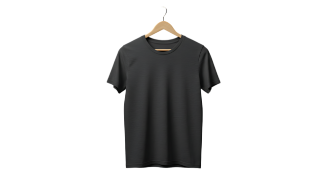 Plain dark charcoal grey v neck t shirt hanging on a wooden hanger against a solid black background