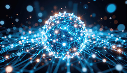 Glowing network sphere with moving nodes.