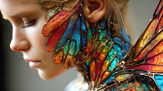 Surreal Female Portrait: Rainbow Glitter Metallic Wing Ornaments in Fantasy Digital Art Creation