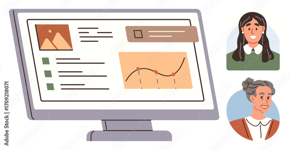 Poster desktop screen with charts, text, and notifications for analysis. two user profiles with diverse ava