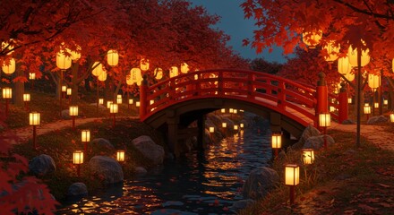 Fototapeta premium Momiji temple bridge, red arched bridge surrounded by glowing lanterns, maple leaves floating in stream