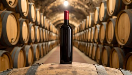 Red wine bottle in a wine cellar