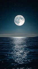 Full Moon Over Ocean, Starry Sky and Moonlit Reflections on Water, Vertical View