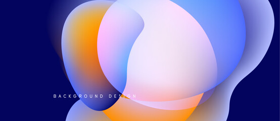 Abstract fluid shapes overlap, creating vibrant color gradients. Blue, orange, purple hues blend seamlessly. Modern design element.