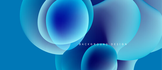 Abstract blue shapes overlap, creating dynamic visual effect. Gradient colors suggest depth, modern design aesthetic. Background features text.