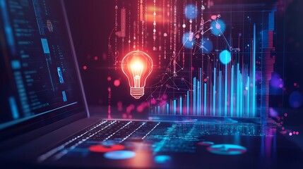Glowing Lightbulb with Data Visualizations on Laptop Screen Innovation and Digital Insight