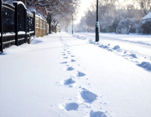 Fototapeta premium Footprints in Fresh Snow along a Residential Street on a Winter Morning