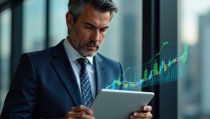 A focused businessman reviews a financial chart displayed on a digital tablet, showcasing a positive trend.