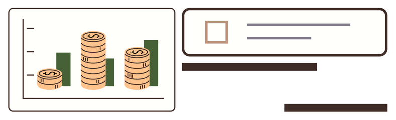 Chart with gold coin stacks and green bars illustrating financial growth, adjacent to a checklist for task tracking. Ideal for finance, investment, planning, productivity, success, strategy, simple