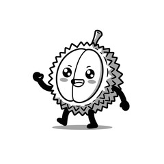 A cheerful durian character with big eyes, blushing cheeks, and a spiky shell marches confidently with one fist raised, set against a white background.