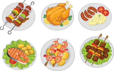 Delicious grilled and cooked meals on plates vector illustration including meat skewers, shrimp, roasted chicken, sausages, salmon, vegetables, and potatoes for food design