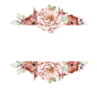 Rectangle floral watercolor frame with peonies sunflowers, and wild blooms in warm autumn tones. Hand painted design for wedding stationery, posters, cards, or branding. Part of golden hour set.