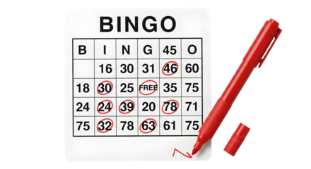 bingo card with red marker isolated on transparent background