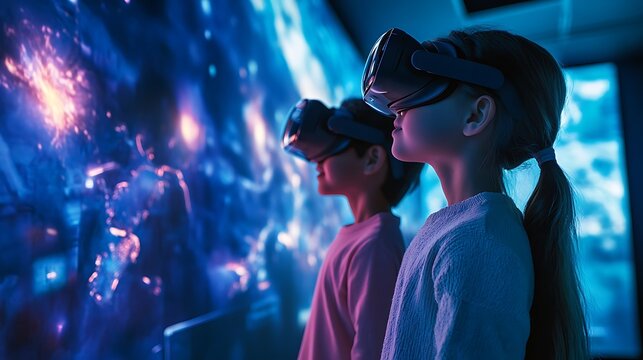 Two children wearing VR headsets immersed in vibrant digital world with interactive technology for virtual reality gaming learning entertainment innovation experience concept