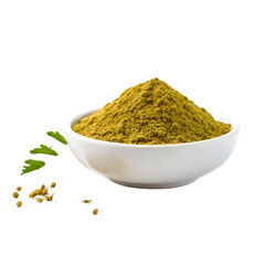 White bowl of spice powder with parsley and seeds on black background yellow powder green powder