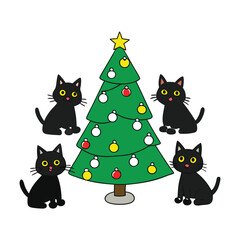 Adorable cartoon black cats climb and play around a glowing Christmas tree, filled with ornaments, lights, and holiday cheer in a festive, heartwarming scene.
