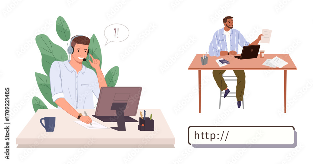 Aufkleber customer support agent using a headset and computer, employee on laptop handling documents, and brow