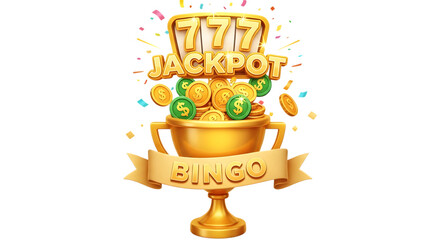 golden bingo jackpot trophy with coins isolated on transparent background