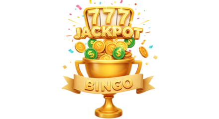 golden bingo jackpot trophy with coins isolated on transparent background