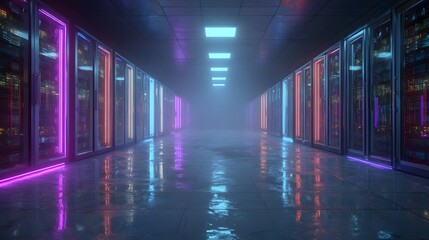 Futuristic Data Center Interior with Neon Lights and Fog Effects