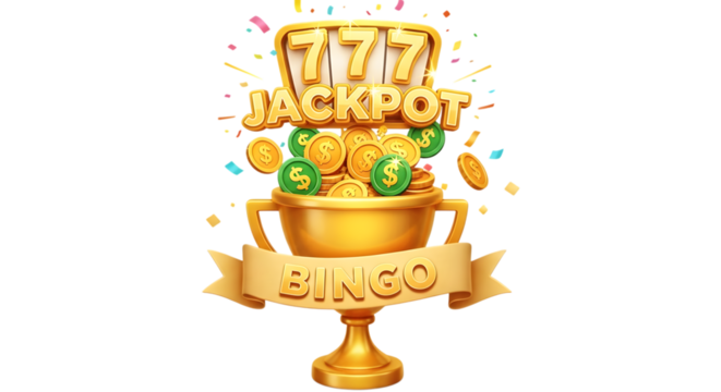golden bingo jackpot trophy with coins isolated on transparent background