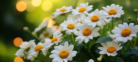 Close-up of many white daisies with yellow centers, bathed in sunlight, blurred green background
