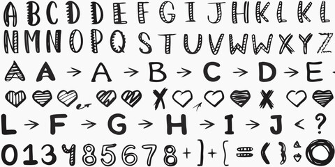 Hand drawn alphabet letters numbers symbols and hearts in black ink on white background