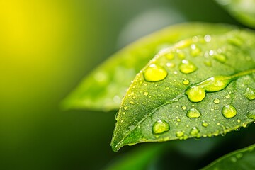 Fototapeta premium Close-up of vibrant green leaves covered in dew drops, bathed in sunlight