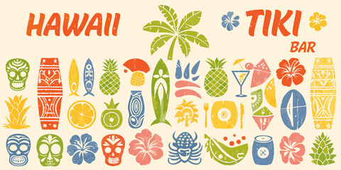 Vibrant hawaiian tiki bar illustration with tropical elements and cultural symbols © Smritykona
