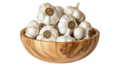 Fresh whole garlic bulbs arranged in a wooden bowl on a background