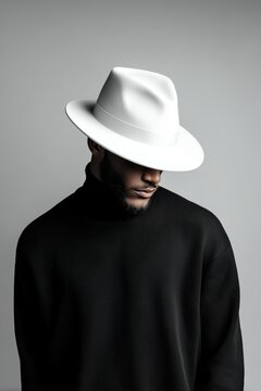 A man wearing a white hat and a black turtleneck mockup, looking down against a gray background