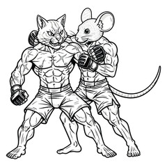 Black and white illustration of a muscular anthropomorphic cat and rat in an intense boxing or MMA-style fight. 