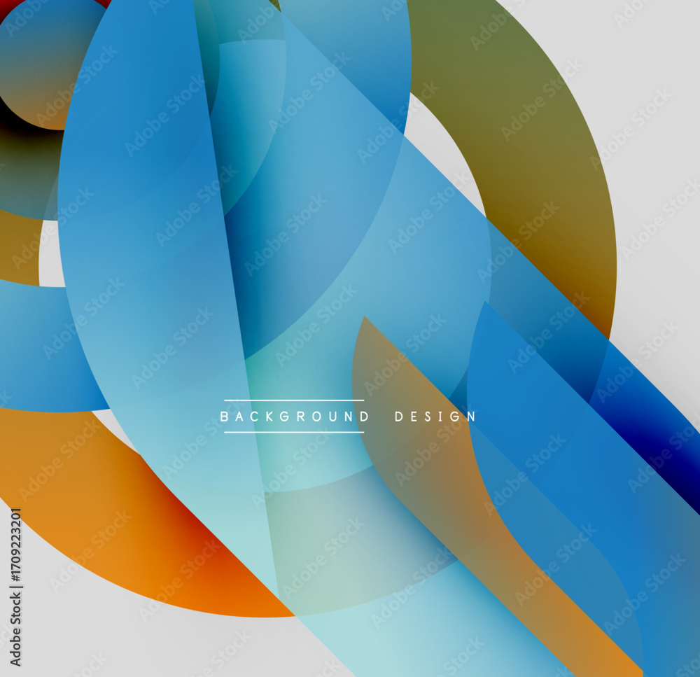 Poster abstract shapes overlap, creating vibrant blue, orange, green gradients. modern design with transluc