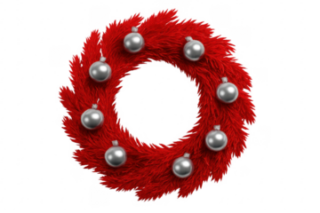 Red christmas wreath with silver baubles on transparent background