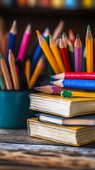 Fototapeta premium Colorful pencils and notebooks on a wooden surface